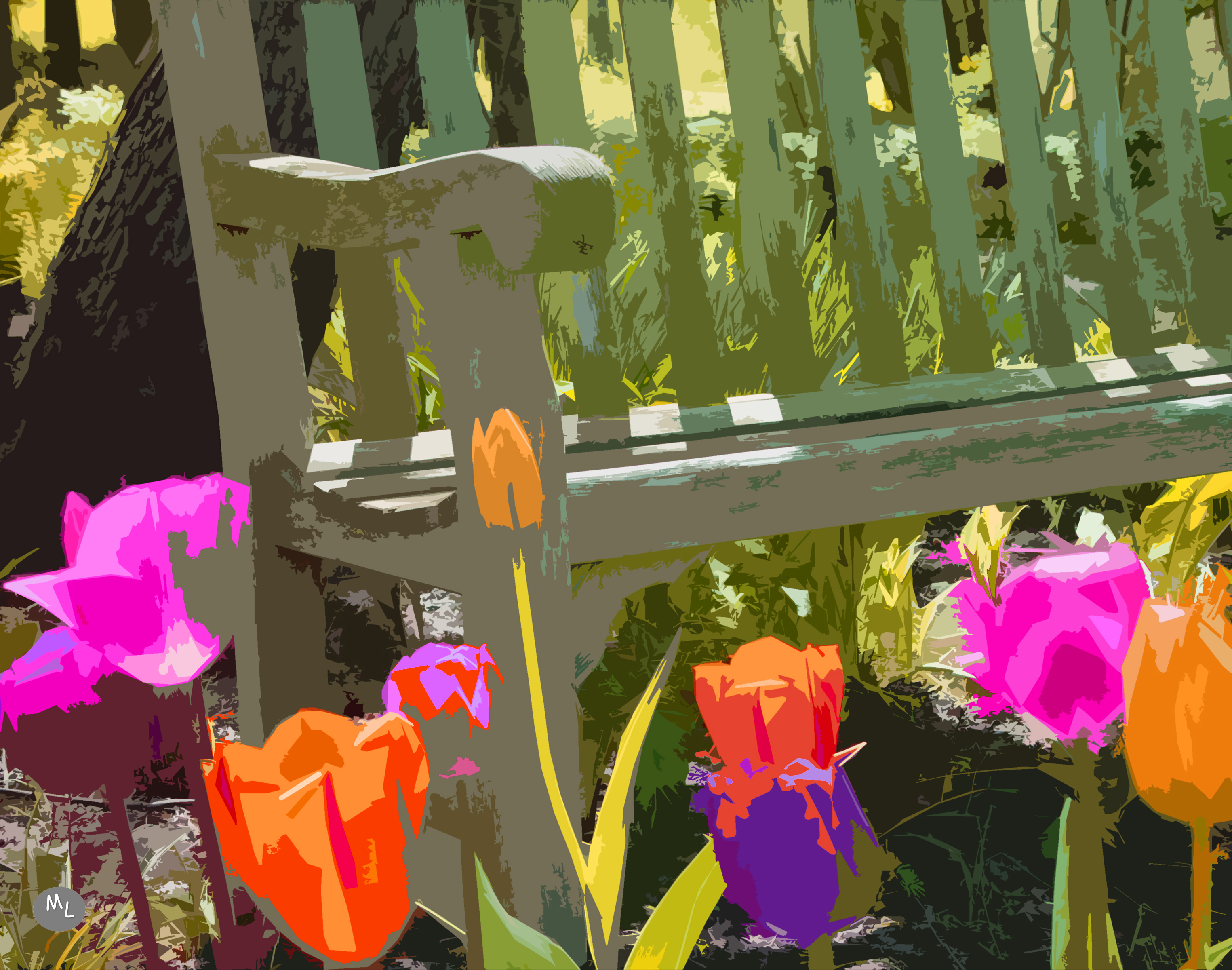 Tulips & Bench — 20 x 16 manipulated photo art by Mike Lisagor